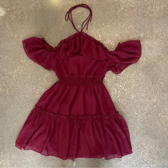 Two Sisters The Label Halter Burgundy Chiffon Off the Shoulder Dress - Size 6 - Picture 4 of 10
